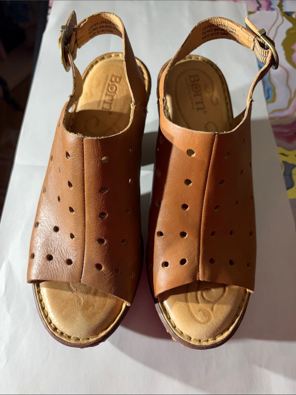 Born Sz 7 Cognac boho casual vacation Perforated Leather Slingback Sandals